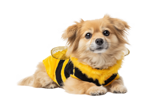 Small fluffy dog wearing a yellow and black bee costume isolated on a transparent background puppy canine