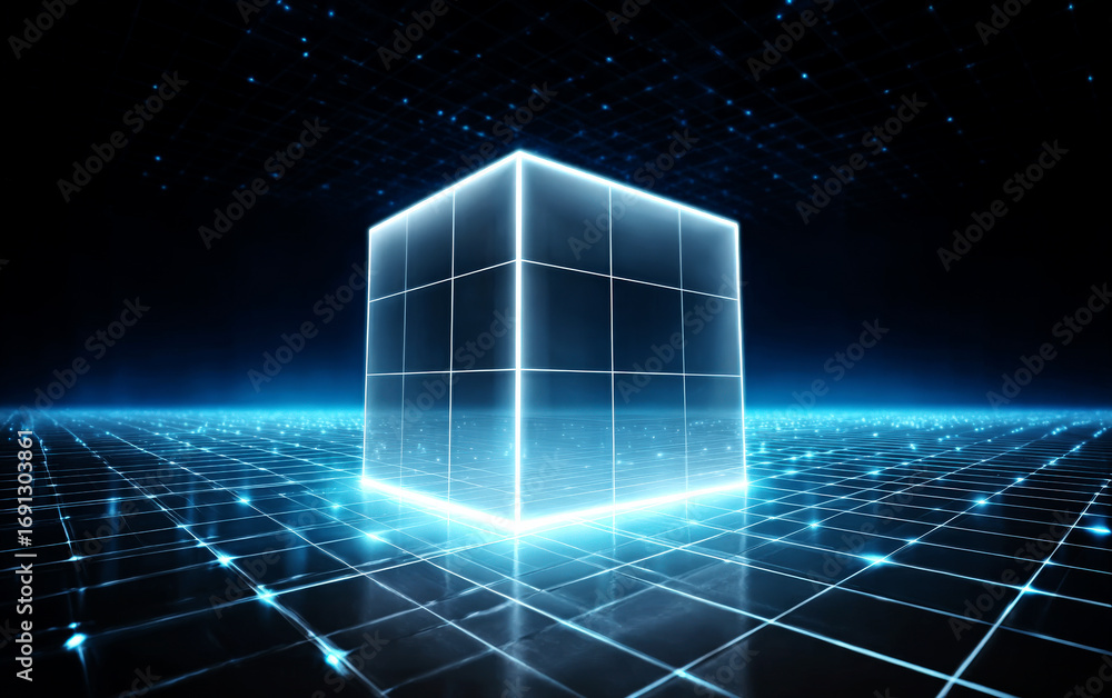 Aufkleber glowing cube on digital grid representing technological concept