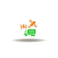 Vector illustration of truck with GIS acronym, drone and satellite. Symbol of GIS Geographical Information System tech.