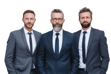 Three businessmen in suits standing together with hands in pockets isolated on a transparent background