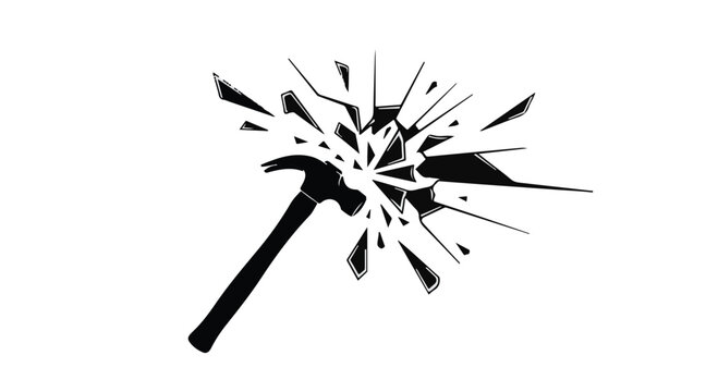 Hammer striking glass, creating explosive shattered fragments in a dynamic burst.