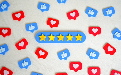 Five stars, likes and shares. Social validation, high ratings, or quality recognition. Customer...