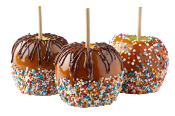 Three caramel apples with chocolate drizzle and colorful sprinkles isolated on a transparent background