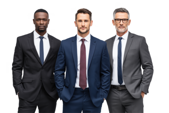 Three businessmen in suits standing with hands in pockets isolated on a transparent background formal