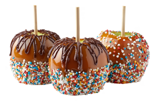 Three caramel apples with chocolate drizzle and colorful sprinkles isolated on a transparent background