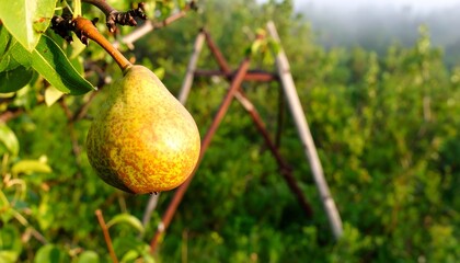 Pear hanging on a tree branch in a garden