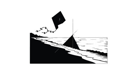 A solitary kite dances against a stark, graphic seascape with abstract geometric shapes.