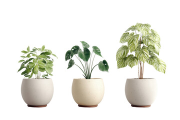 Obraz premium Three potted houseplants with varying leaf shapes and colors isolated on a transparent background green