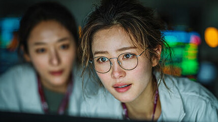 Focused scientists analyze data on screen