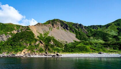 Lush green mountains meet a tranquil shoreline
