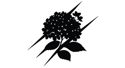 Elegant black silhouette of a blooming hydrangea flower with sharp, angular lines