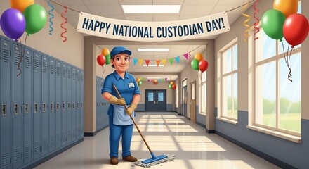 Happy National Custodian Day Celebration in School Hallway with Female Janitor.