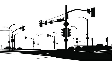 Urban intersection with multiple traffic lights and streetlights casting shadows on a bright day