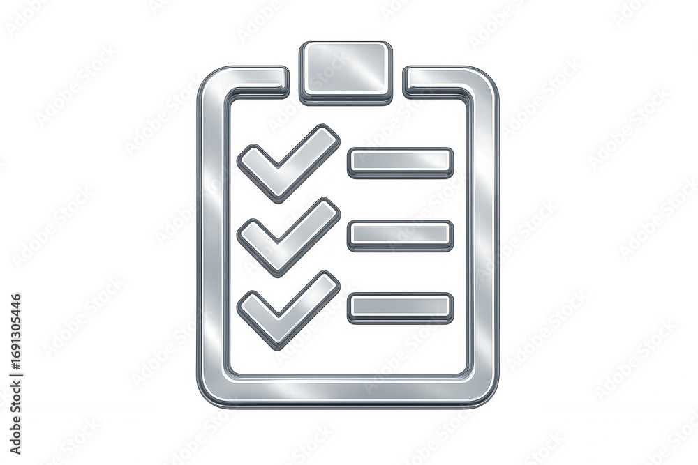 Poster metallic clipboard icon displaying completed tasks, ideal for projects and task management visuals