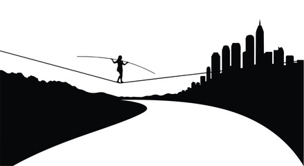 Silhouette of a person balancing on a tightrope with a city skyline in the background