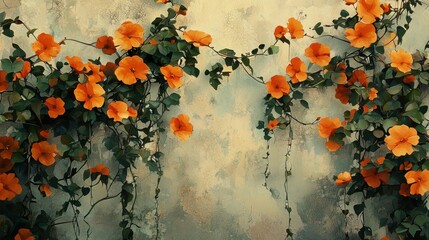 Orange flowers on beige wall