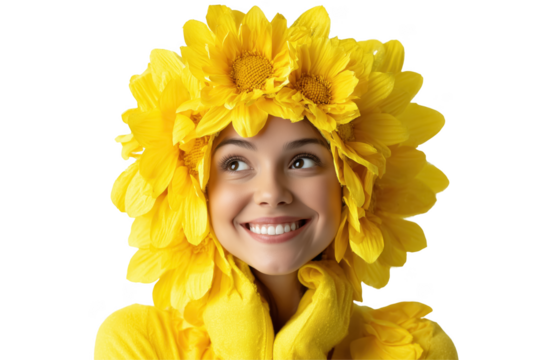 Woman wearing a large yellow flower headdress and matching outfit isolated on a transparent background