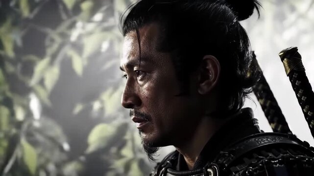 Samurai warrior profile, forest backdrop, movie poster