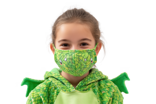 Young girl wearing a green dragon costume and face mask isolated on a transparent background child