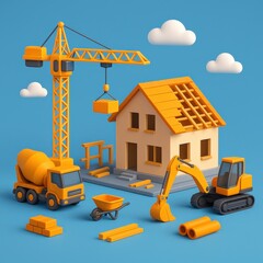 A Vibrant Construction Scene with a Crane, Excavator, and Building Materials, Capturing the Essence of a Busy and Productive Worksite