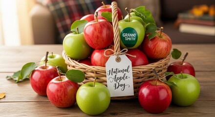 National Apple Day Celebration with Fresh Red and Green Apples in a Basket.