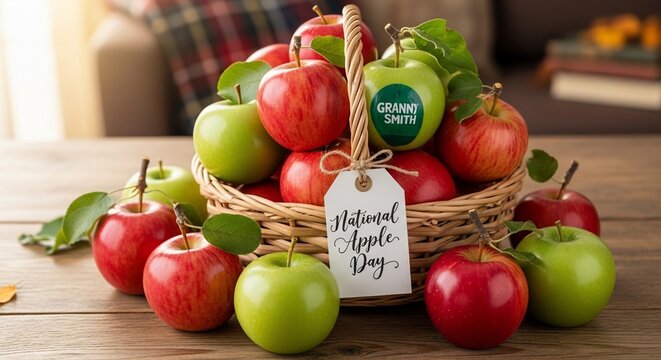 National Apple Day Celebration with Fresh Red and Green Apples in a Basket.