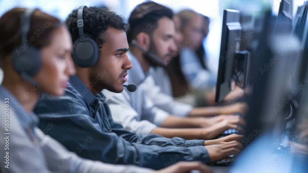 Poster operators using headsets to assist customers in a busy call center.