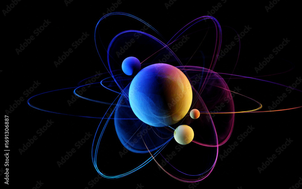 Poster colorful atomic structure representation with orbiting electrons