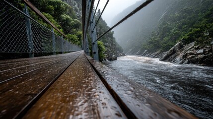 Obraz premium Rainy day wooden walkway over river