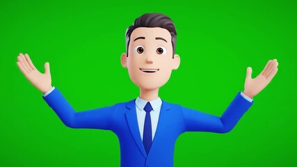 A cheerful 3D cartoon businessman in a blue suit giving a presentation against a green screen background with a welcoming gesture. - Powered by Adobe