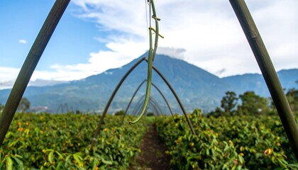 Lush green plant rows stretching to a distant volcano