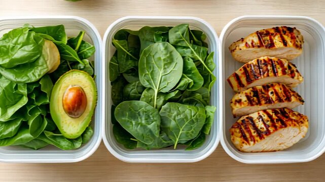 Delicious grilled chicken and avocado salad in meal prep containers for healthy eating