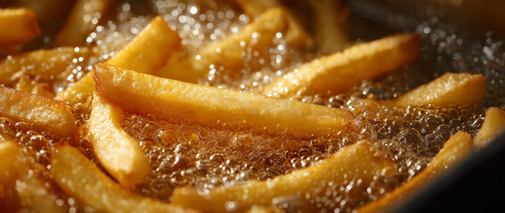 Close-up of french fries being deep fried in hot oil inside a fryer