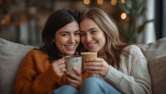 Lesbian couple sitting on couch with coffee mugs.
