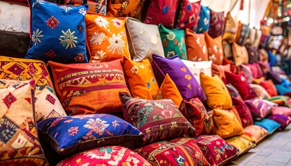 Colorful patterned cushions displayed in a market stall