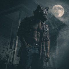 muscular man in werewolf mask