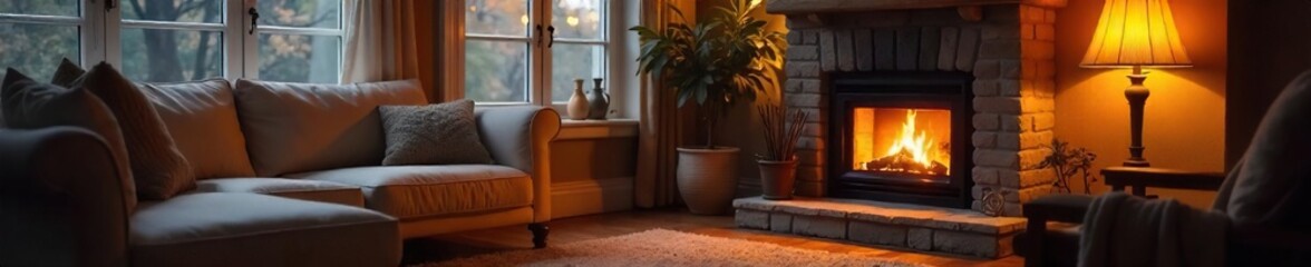Fototapeta premium Cozy living room scene with a space heater providing warmth during a chilly autumn or winter season Perfect for home comfort, seasonal energy, and interior design concepts , ambiance, snug