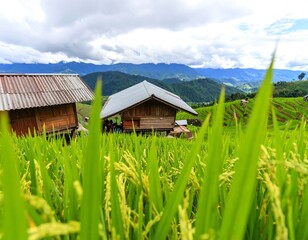 Lush green rice terraces with wooden houses