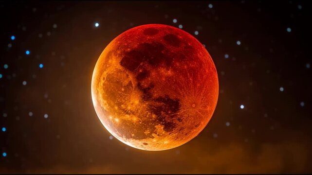 a large, glowing red moon against a dark background with bits of light around it
