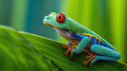 Obraz premium Red eyed tree frog on green leaf