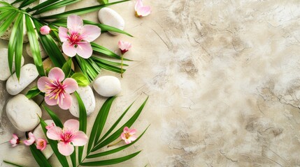 Pink Orchid Flowers Green Palm Leaves Smooth White Stones Beige Textured Background