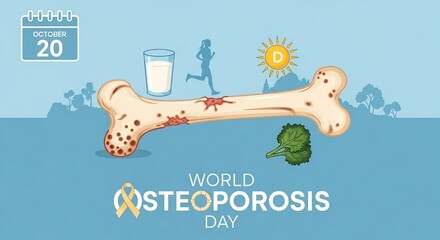 World Osteoporosis Day awareness illustration with bone health symbols.