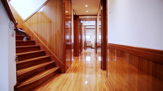 Luxurious wooden hallway and staircase in a yacht or similar vessel.  Polished wood floors, walls, and staircase.  A  wide hallway with multiple rooms visible