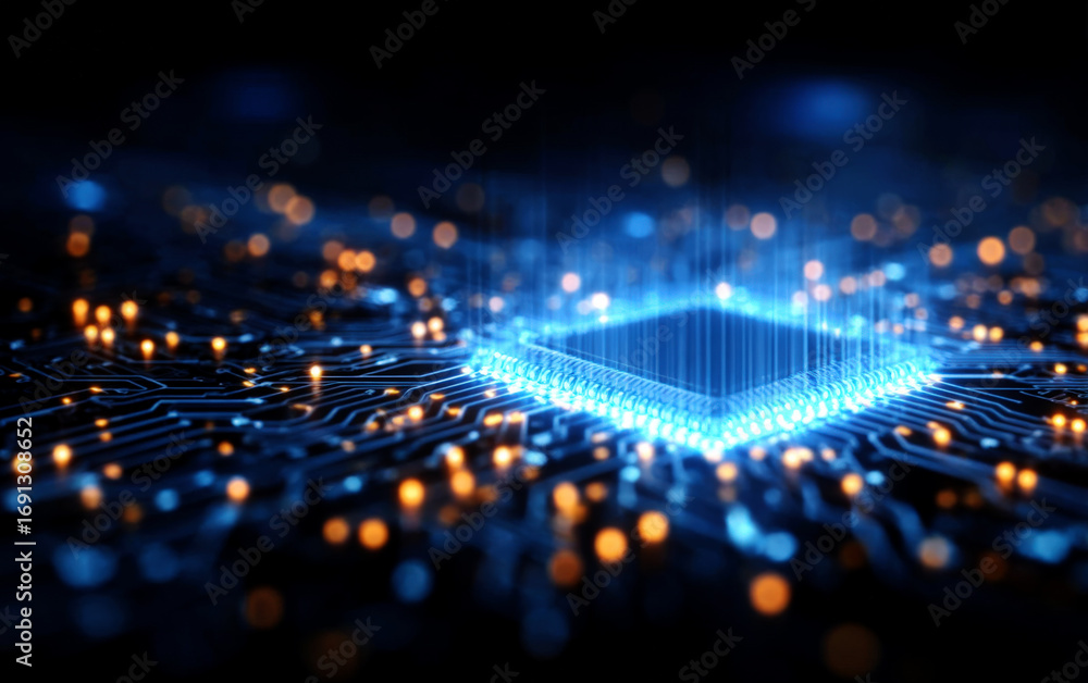 Poster high-tech circuit board with glowing elements and digital lines