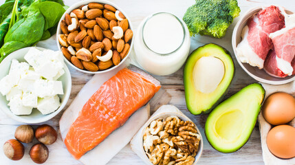 A thoughtful arrangement of fresh and nutritious food items from above, on a clean surface.
