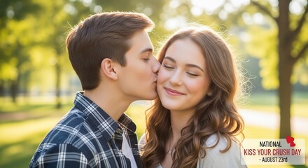 Fototapeta premium Affectionate Couple Sharing a Kiss Outdoors in Natural Light.