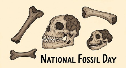 National Fossil Day Illustration with Bones and Skulls.