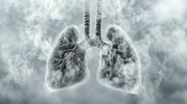 Lungs are depicted surrounded by swirling smoke and haze. Concept: health impact of air pollution or smoking