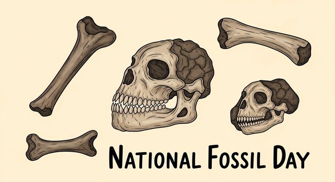 National Fossil Day Illustration with Bones and Skulls.