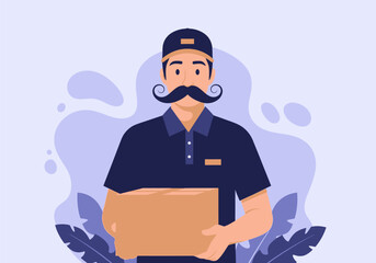 Illustration of a confident delivery man with a prominent mustache wearing a cap and holding a package